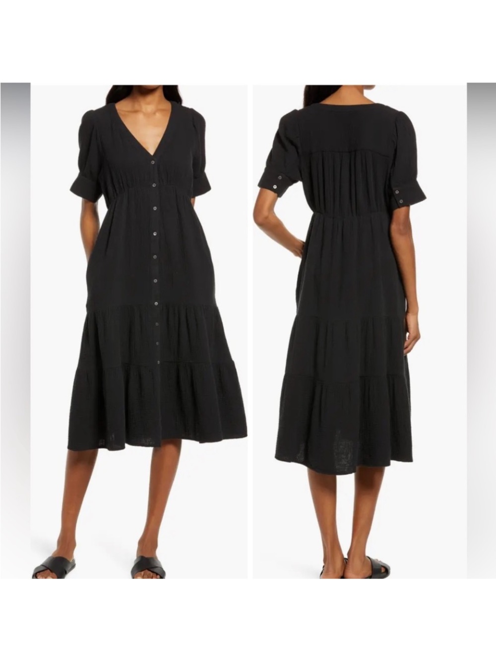 Madewell Black V-Neck Button-Front Tiered Midi Dress